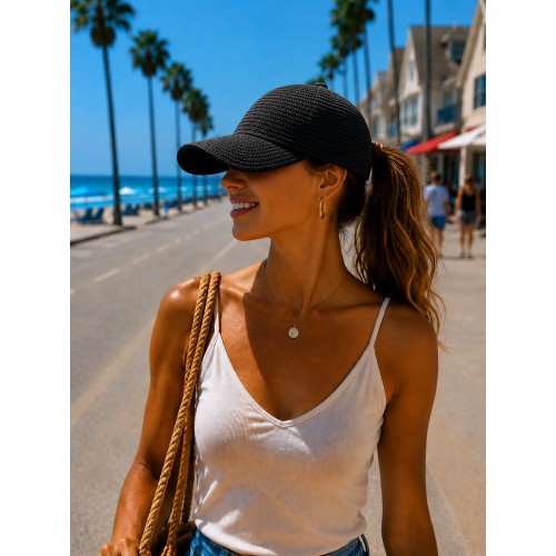 Straw Baseball Cap - Black - HT-ST98202BK
